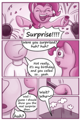 Size: 1000x1500 | Tagged: safe, artist:theunconsistentone, pinkie pie, oc, oc:anon, earth pony, human, pony, comic:pinkie pie's private party, g4, clothes, comic, lever, monochrome, party, party cannon, shirt, surprise party, t-shirt, trapdoor, whispering
