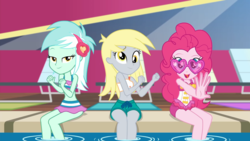 Size: 1920x1080 | Tagged: safe, screencap, derpy hooves, lyra heartstrings, pinkie pie, equestria girls, g4, i'm on a yacht, my little pony equestria girls: better together, bedroom eyes, bikini, clothes, female, lidded eyes, looking at you, one-piece swimsuit, swimsuit, update