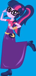 Size: 4345x9008 | Tagged: safe, artist:starman1999, sci-twi, twilight sparkle, equestria girls, festival filters, g4, my little pony equestria girls: better together, blue background, boots, clothes, cute, fanny pack, glasses, long skirt, looking at you, ponytail, raised leg, shoes, simple background, skirt, twiabetes