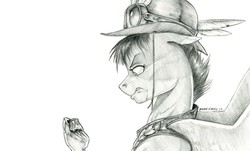 Size: 1400x845 | Tagged: safe, artist:baron engel, oc, oc only, oc:squall, pegasus, pony, bowler hat, clothes, feather, female, goggles, hat, hoof hold, mare, monochrome, pencil drawing, pottery, simple background, solo, story included, traditional art, vest, white background