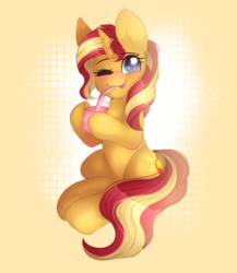 Size: 2609x3000 | Tagged: safe, artist:adostume, sunset shimmer, pony, unicorn, g4, :p, blushing, cheek fluff, cute, drink, female, high res, hoof hold, horn, mare, one eye closed, shimmerbetes, sitting, solo, straw, tongue out, wink