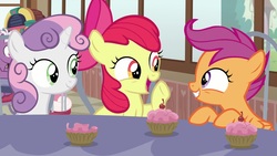 Size: 1920x1080 | Tagged: safe, screencap, apple bloom, scootaloo, sweetie belle, pony, g4, the last crusade, cupcake, cutie mark crusaders, female, food