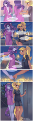 Size: 906x3300 | Tagged: safe, artist:xjenn9, applejack, rarity, earth pony, unicorn, anthro, comic:best friends, g4, adorasexy, arm behind head, clothes, comic, cute, date, dress, female, holding hands, jackabetes, lesbian, looking back, looking over shoulder, mare, missing horn, night, ponytail, raribetes, sexy, ship:rarijack, shipping, smiling, zipper, zipper dress