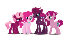 Size: 1232x694 | Tagged: safe, artist:qucels, pinkie pie, tempest shadow, oc, earth pony, pony, unicorn, g4, baby, baby pony, bandage, base used, bowtie, broken horn, colt, eye scar, family, female, foal, horn, lesbian, magical lesbian spawn, male, mare, offspring, parent:pinkie pie, parent:tempest shadow, parents:tempestpie, scar, shipping, stallion, tempestpie