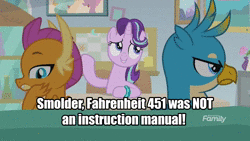 Size: 1920x1080 | Tagged: safe, edit, edited screencap, editor:infinite winter, screencap, gallus, smolder, starlight glimmer, dragon, griffon, pony, unicorn, g4, student counsel, angry, animated, book, book cover, caption, cover, fahrenheit 451, female, gallus is not amused, gallus' book, idgaf, image macro, male, meme, naughty, no sound, smug, starlight's office, text, webm, worth it