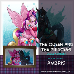 Size: 876x876 | Tagged: safe, artist:ambris, princess cadance, queen chrysalis, anthro, g4, breasts, obtrusive watermark, wall scroll, watermark