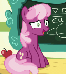 Size: 960x1064 | Tagged: safe, edit, edited screencap, screencap, cheerilee, earth pony, pony, g4, the last crusade, animated, apple, chalkboard, cropped, female, food, gif, grin, loop, mare, nervous, nervous smile, scared, shaking, smiling, solo