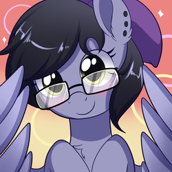 Size: 2000x2000 | Tagged: safe, artist:xwhitedreamsx, oc, oc only, oc:nightshade (pegasus), pegasus, pony, beanie, blushing, chest fluff, ear fluff, ear piercing, earring, glasses, hat, high res, jewelry, looking at you, piercing, solo, wings