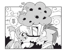 Size: 1660x1330 | Tagged: safe, artist:nekoshiei, seven seas, derpy hooves, doctor whooves, time turner, earth pony, pegasus, pony, g4, my little pony: the manga, my little pony: the manga volume 1, clothes, cropped, cute, derpabetes, dialogue, doctor who, female, food, male, mare, monochrome, muffin, self ponidox, speech bubble, stallion, sweat, tardis, that pony sure does love muffins, the doctor, wide eyes