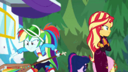 Size: 640x360 | Tagged: safe, screencap, fluttershy, rainbow dash, sci-twi, sunset shimmer, twilight sparkle, human, equestria girls, equestria girls specials, g4, my little pony equestria girls: better together, my little pony equestria girls: sunset's backstage pass, accidental spanking, animated, duo, duo female, female, gif, music festival outfit, out of context, paddle, rainbow dash's paddle, rv, slapstick, spanking, you know for kids
