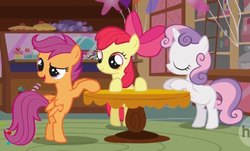 Size: 522x316 | Tagged: safe, screencap, apple bloom, scootaloo, sweetie belle, earth pony, pegasus, pony, unicorn, g4, cutie mark crusaders