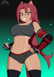 Size: 2400x3400 | Tagged: safe, alternate version, artist:ponyecho, oc, oc only, oc:nell clearfield, anthro, abs, black underwear, breasts, clothes, female, fingerless gloves, gloves, high res, looking at you, muscles, offscreen character, panties, pov, raider, scar, smiling, socks, solo, thigh highs, underwear