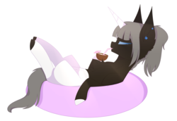 Size: 2900x2000 | Tagged: safe, artist:honeybbear, oc, oc only, oc:silent harmony, pony, unicorn, coconut, female, food, high res, inner tube, mare, simple background, solo, transparent background