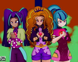 Size: 4000x3200 | Tagged: safe, artist:caoscore, adagio dazzle, aria blaze, sonata dusk, equestria girls, find the magic, g4, my little pony equestria girls: better together, gem, greenbutt pants, human coloration, minidress, siren gem, taco dress, the dazzlings, the dazzlings have returned