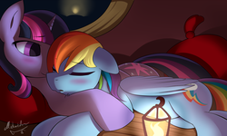 Size: 2833x1700 | Tagged: safe, artist:mricantdraw, rainbow dash, twilight sparkle, pegasus, pony, unicorn, g4, blushing, cuddling, eyes closed, female, floppy ears, lantern, lesbian, mare, prone, ship:twidash, shipping, snuggling, unicorn twilight