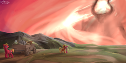 Size: 4000x2000 | Tagged: safe, artist:mricantdraw, apple bloom, applejack, big macintosh, granny smith, lord tirek, earth pony, pony, g4, twilight's kingdom, apple family, bad end, eyes closed, looking back, male, mouth hold, open mouth, sad, scenery, stallion, wagon, wide eyes, xk-class end-of-the-world scenario