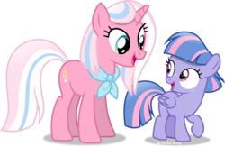 Size: 5607x3658 | Tagged: safe, artist:vector-brony, clear sky, wind sprint, pegasus, pony, unicorn, common ground, g4, absurd resolution, filly, freckles, like mother like daughter, like parent like child, looking at each other, looking at someone, mother and daughter, open mouth, raised hoof, simple background, transparent background, vector