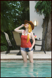Size: 3456x5184 | Tagged: safe, artist:krazykari, applejack, human, g4, absurd file size, armpits, clothes, cosplay, costume, irl, irl human, photo, sleeveless, solo, swimming pool