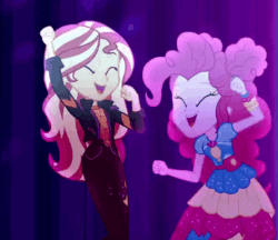 Size: 556x480 | Tagged: safe, screencap, pinkie pie, sunset shimmer, human, equestria girls, equestria girls specials, g4, my little pony equestria girls: better together, my little pony equestria girls: sunset's backstage pass, animated, cropped, cute, dancing, diapinkes, duo, duo female, female, geode of empathy, geode of sugar bombs, gif, happy, loop, magical geodes, music festival outfit, shimmerbetes, smiling