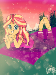 Size: 1800x2400 | Tagged: safe, artist:artmlpk, sunset shimmer, equestria girls, g4, my little pony equestria girls: choose your own ending, wake up!, wake up!: rainbow dash, barefoot, cute, feet, female, looking at you, scene interpretation, shimmerbetes, solo, the pose