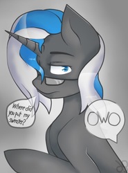Size: 442x598 | Tagged: safe, artist:mootsarts, oc, oc only, oc:midway, pony, unicorn, dialogue, glasses, gradient background, owo, solo