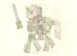 Size: 1885x1371 | Tagged: safe, artist:infinita est lux solis, oc, oc only, oc:littlepip, cyborg, pony, unicorn, fallout equestria, bolter, fanfic, fanfic art, female, glowing horn, hooves, horn, iron halo, levitation, magic, mare, pipbuck, power sword, primarch, roboute guilliman, simple background, solo, space marine, story included, telekinesis, ultramarine, warhammer (game), warhammer 40k, white background