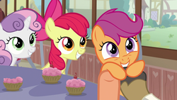 Size: 1920x1080 | Tagged: safe, screencap, apple bloom, mane allgood, scootaloo, snap shutter, sweetie belle, earth pony, pegasus, pony, unicorn, g4, the last crusade, cupcake, cute, cutealoo, cutie mark crusaders, female, filly, foal, food, hooves, male