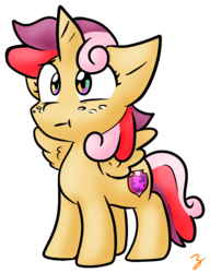 Size: 1016x1321 | Tagged: safe, artist:zutcha, apple bloom, scootaloo, sweetie belle, alicorn, chimera, pony, g4, cutie mark crusaders, female, filly, freckles, fusion, simple background, solo, the ultimate cutie mark crusader, this will end in tears and/or death and/or covered in tree sap, transparent background