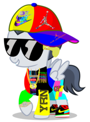 Size: 749x1017 | Tagged: safe, artist:fruft, artist:jawsandgumballfan24, rumble, pegasus, pony, g4, bling, clothes, gold chains, hat, hype beast, jacket, male, nike, odd future, shoes, shorts, sneakers, solo, sunglasses, supreme, varsity jacket