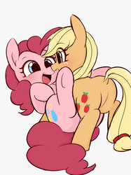 Size: 1024x1366 | Tagged: safe, artist:manachaaaaaaaa, applejack, pinkie pie, earth pony, pony, g4, balloonbutt, butt, dock, eye contact, female, lesbian, looking at each other, mare, on back, open mouth, plot, ship:applepie, shipping, simple background, smiling, underhoof, white background