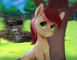 Size: 1994x1540 | Tagged: artist needed, source needed, safe, roseluck, earth pony, pony, g4, bridge, cat tail, depth of field, female, forest, looking at you, mare, pond, river, smiling, solo, stream, tree