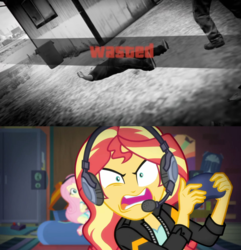 Size: 1280x1330 | Tagged: safe, artist:anarchrist17, edit, edited screencap, screencap, fluttershy, sunset shimmer, equestria girls, g4, game stream, my little pony equestria girls: better together, crossover, gamer sunset, grand theft auto, gta v, sunset shimmer frustrated at game, wasted