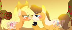 Size: 1280x534 | Tagged: safe, artist:kiwi4578, applejack, caramel, pony, g4, female, male, marriage proposal, ship:carajack, shipping, straight