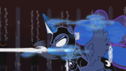 Size: 960x540 | Tagged: safe, artist:sillyfillystudios, princess luna, alicorn, pony, fall of the crystal empire, g4, animated, badass, female, gif, glowing eyes, glowing horn, horn, magic, runes, solo, spread wings, sword, warrior luna, weapon, wings, youtube link