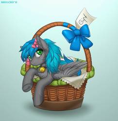 Size: 882x906 | Tagged: safe, artist:margony, oc, oc only, oc:key turner, pegasus, pony, basket, bell, bell collar, bow, collar, pony in a basket, solo, ych result