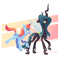 Size: 959x913 | Tagged: safe, artist:jopiter, queen chrysalis, oc, changeling, changeling queen, pegasus, pony, g4, abstract background, changelings in the comments, duo, female