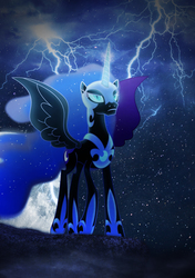 Size: 2243x3188 | Tagged: safe, artist:ace, nightmare moon, alicorn, pony, g4, female, high res, lightning, looking up, majestic, mare, moon, solo, spread wings, wings