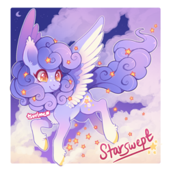 Size: 650x650 | Tagged: safe, artist:tsurime, oc, oc only, oc:starswept, pegasus, pony, cloud, female, flying, mare, moon, solo, sparkles, watermark