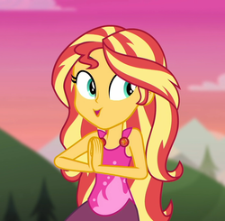 Size: 1104x1080 | Tagged: safe, edit, edited screencap, screencap, sunset shimmer, equestria girls, g4, my little pony equestria girls: choose your own ending, wake up!, wake up!: rainbow dash, clothes, cropped, cute, female, mountain, mountain range, shimmerbetes, smiling, solo, tank top, yoga