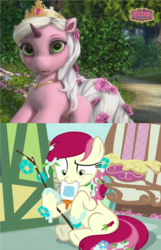 Size: 864x1344 | Tagged: safe, screencap, roseluck, earth pony, filly (filly funtasia), pony, unicorn filly (filly funtasia), g4, student counsel, comparison, female, filly (dracco), filly funtasia, flower, flower in hair, glue, mare, raised eyebrow, rose, rose (filly funtasia), solo, spoilers for another series