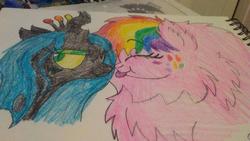 Size: 1024x576 | Tagged: safe, artist:kadiandsonic, queen chrysalis, oc, oc:fluffle puff, changeling, changeling queen, g4, canon x oc, female, lesbian, pride, pride month, ship:chrysipuff, shipping, traditional art