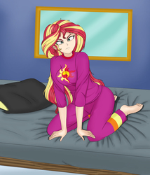 Size: 992x1161 | Tagged: safe, artist:anonix123, sunset shimmer, human, equestria girls, equestria girls series, g4, wake up!, spoiler:choose your own ending (season 2), spoiler:eqg series (season 2), angry, barefoot, bed, breasts, busty sunset shimmer, clothes, feet, female, frown, human coloration, looking at you, pajamas, pillow, scene interpretation, solo, wake up!: applejack