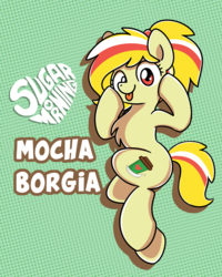 Size: 2048x2560 | Tagged: safe, artist:sugar morning, oc, oc only, oc:mocha borgia, earth pony, pony, chest fluff, high res, mochabetes, ponytail, simple background, solo, text, tongue out
