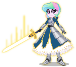 Size: 5000x4443 | Tagged: safe, artist:orin331, princess celestia, equestria girls, g4, absurd resolution, anime, armor, excalibur, fate/grand order, fate/stay night, female, saber, solo, sword, weapon, young celestia