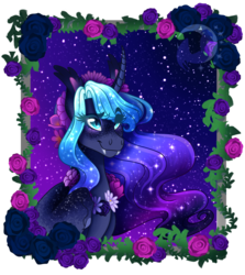 Size: 2740x3072 | Tagged: safe, artist:djspark3, princess luna, pony, g4, curved horn, fangs, female, flower, high res, horn, mare, smiling, solo