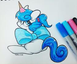 Size: 960x795 | Tagged: safe, artist:jopiter, oc, oc only, oc:day dream, earth pony, pony, bow, food, glasses, ice cream, ice cream cone, ice cream horn, solo, traditional art