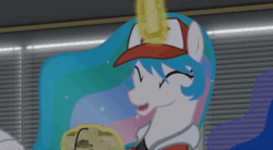 Size: 564x312 | Tagged: safe, artist:2snacks, princess celestia, princess luna, pony, two best sisters play, g4, animated, big eyes, clothes, controller, dilated pupils, eye shimmer, female, gif, glowing horn, hat, horn, magic, pokémon, pokémon snap, red (pokémon), youtube link