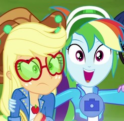 Size: 614x600 | Tagged: safe, screencap, applejack, rainbow dash, sci-twi, twilight sparkle, equestria girls, festival filters, g4, my little pony equestria girls: better together, clothes, cropped, female, friendship, glasses, hair, offscreen character, selfie