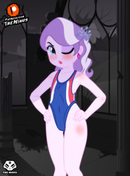 Size: 1920x2600 | Tagged: safe, artist:theminus, diamond tiara, human, equestria girls, g4, armpits, butt blush, clothes, female, one eye closed, one-piece swimsuit, patreon, patreon logo, solo, swimsuit, wink