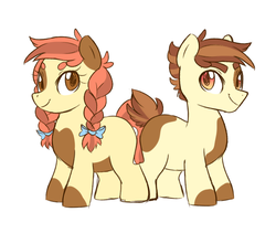 Size: 944x797 | Tagged: safe, artist:frowoppy, oc, oc only, oc:blummy bloom, oc:pitter bloom, earth pony, pony, colt, female, filly, male, offspring, parent:apple bloom, parent:pipsqueak, parents:pipbloom, simple background, twins, white background